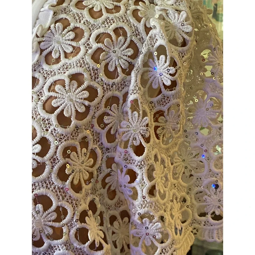 NWT MICHAEL KORS white Floral Lace Sequin Tuxedo Bib Midi Dress Short Sleeve L‎